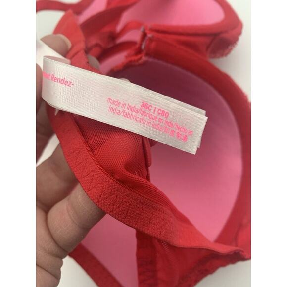 Pink Victorias Secret Date Push Up Bra Red W Lace 36C Padded Convertible Straps - Picture 5 of 8